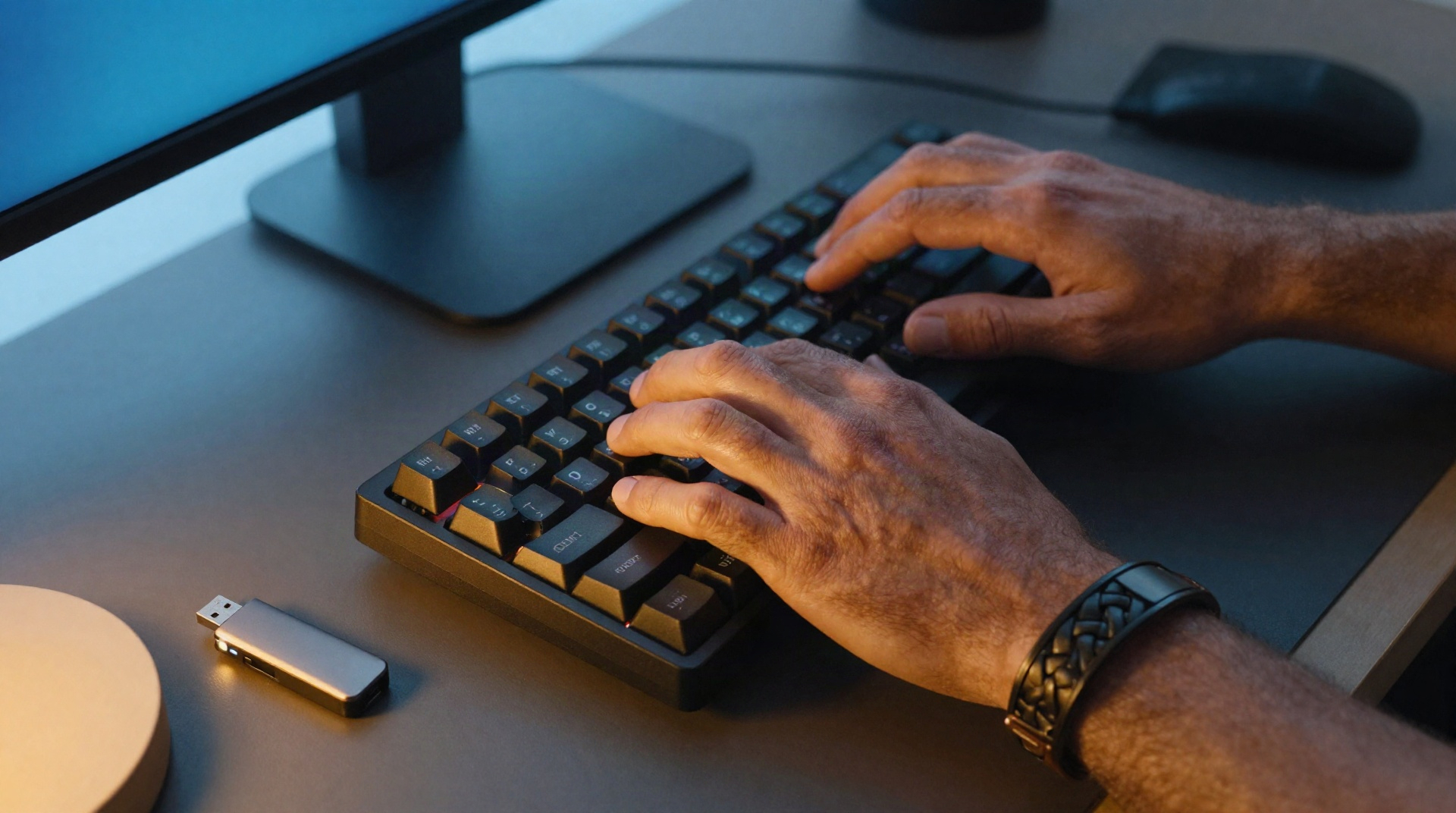 Руки на клавиатуре во время установки Windows, светящаяся флешка, контраст теплого и холодного света