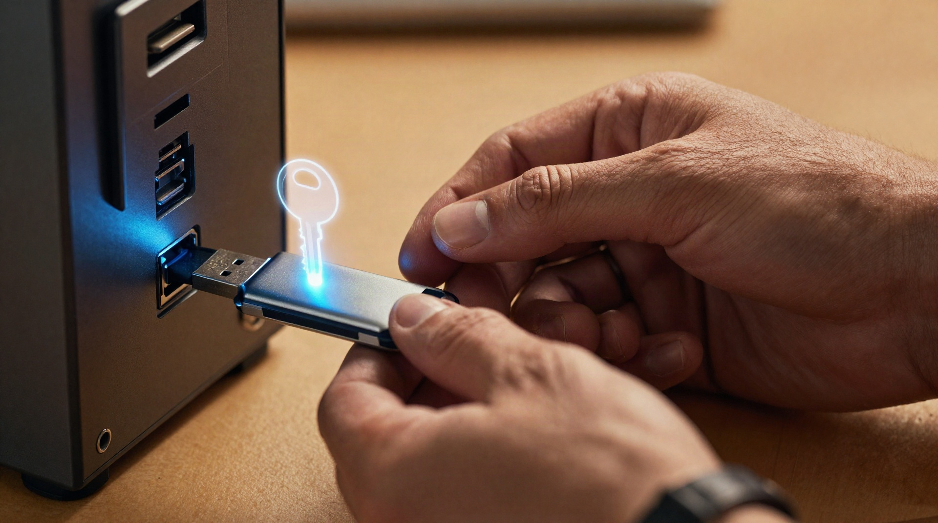 Крупный план рук с USB-накопителем у системного блока, голубое свечение привязки лицензии