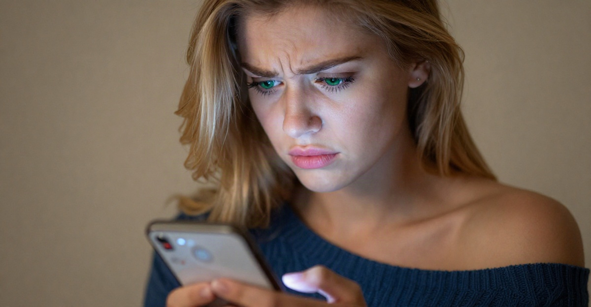 Женщина с расстроенным лицом смотрит на экран смартфона с ошибкой платежа