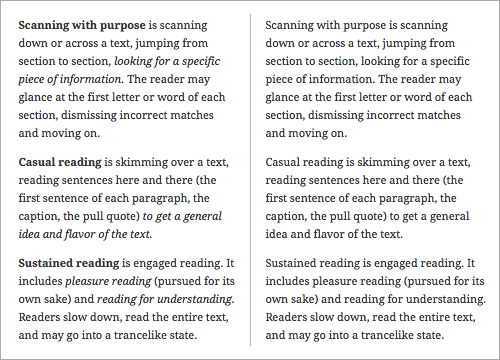 Жирный и курсив создают уровни выделения, что помогает визуально организовать текст (слева)